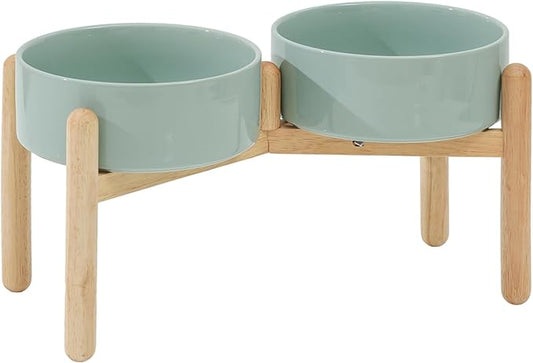 Ceramic 8.2inch Raised Dog Bowl with Stand for Large- Breed Dogs, Pet Food and Water Feeder (Double Bowl with Stand - Light Green)