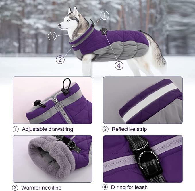 Lelepet Dog Coat Warm Dog Winter Coat Waterproof Dogs Jacket with Harness Built in Reflective Pet Fleece Vest Zip-Up Cold Weather Coats for Large Dogs Turtleneck & Windproof Coats Boxer Purple XL