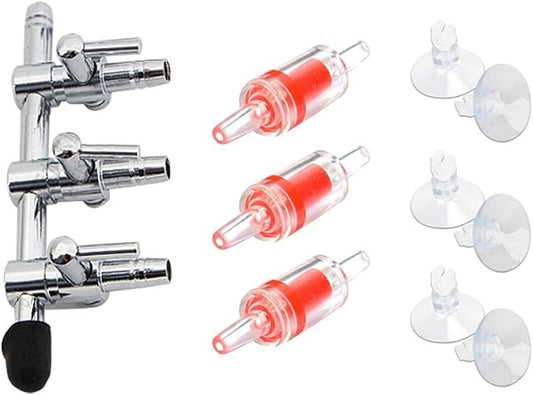 Aquarium Air Pump Splitter 10 in 1 Set 3-Way Air Flow Control Lever Valve & 3 Non-Return Check Valves & 6 Suction Cups for Fish Tank Airline Air Tube Hose