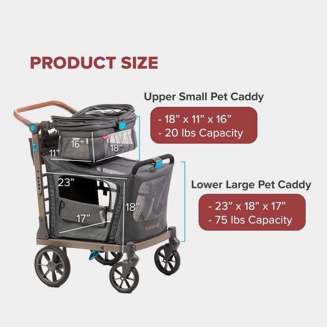 Pet Two Foldable Cart - Adjustable & Portable Pet Stroller with Caddy, Foam Filled Rubber Wheels, Storage - Carriage for Small & Medium Dogs, Cats Under 75 lbs