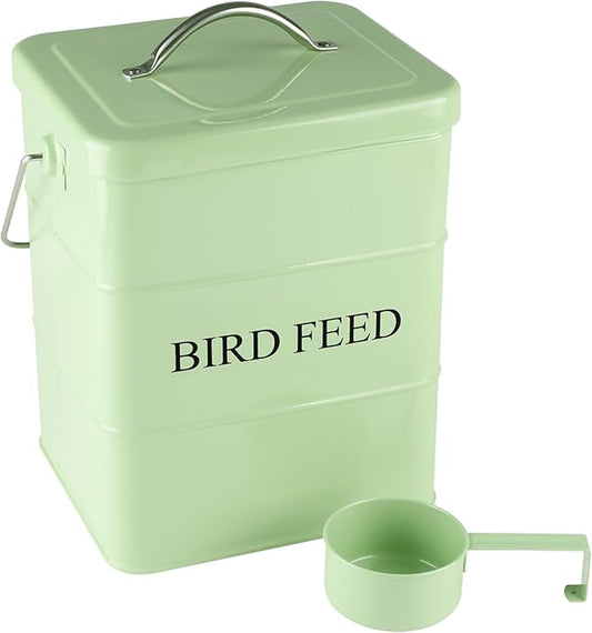 Bird Seed Storage Container Airtight,5~6LB Metal Bird Food Container with Scoop,for Storing Sunflower Seed-Ideal for Outdoor or Indoor-Squirrel Proof -Green