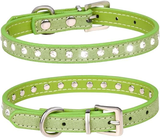 Rhinestone Dog Collar Suede Leather Crystal Diamond Colorful Bling Girl Puppy Cat Collars XS Small Pets (S, Green)