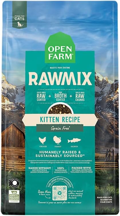 Open Farm, RawMix Dry Cat Food, Protein-Packed Kibble Coated in Bone Broth with Freeze Dried Raw Chunks, Formulated for Kittens, Chicken with Turkey & Wild-Caugh Salmon Recipe for Kittens, 8lb Bag