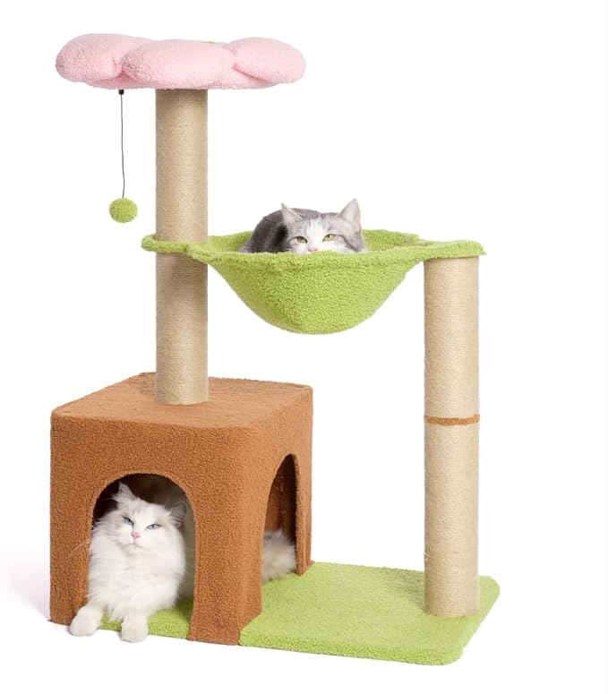 Flower Cat Tree 34 Inches Scratching Post Small Cat Tower for Large Cats, with 15.7”Large Hammock, Removable Top Bed and Wide Condo for Indoor Cats-Forest Brown