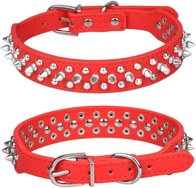 Spiked Dog Collar, Mushrooms Rivet Studded Adjustable Pu Leather Pet Collars for Cats Puppy Dogs (S, Red)