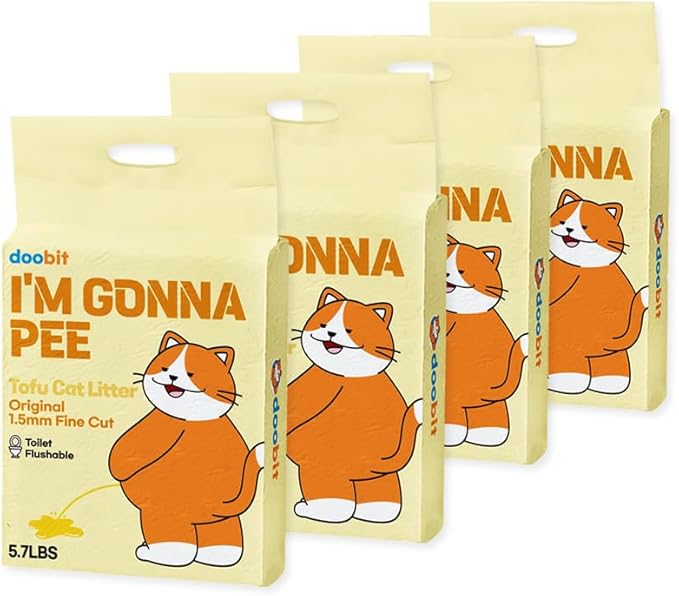 I'm Gonna Pee, DOOBIT Tofu Cat Litter 100% Natural,1.5mm Fine Cut,Toilet Flushable,Solubility in Water,Clumping,Ultra Absorbent, Really Dust-Free,Less Scattering,Safe for Environment (5.7lb x 4pack)