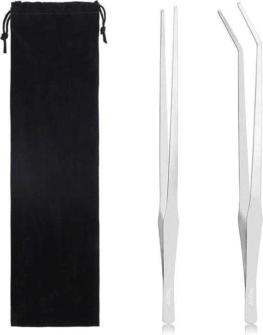 Segarty Longer Tweezers Aquascaping Tools with 1 Bag, 2 in 1 Stainless Steel Silver Aquarium Tools Kit for Fish Tank Aquatic Plant, Feeding Tweezer Curved Tweezer Anti Rust Aquascape Set