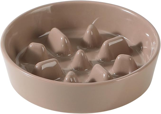 Ceramic 6.1inch Dog Bowl Slow Feeder, Slow Pet Food Dish for Small Dog and Cat, Stop Bloat, Preventing Choking(Single Bowl, Brown Coffee)