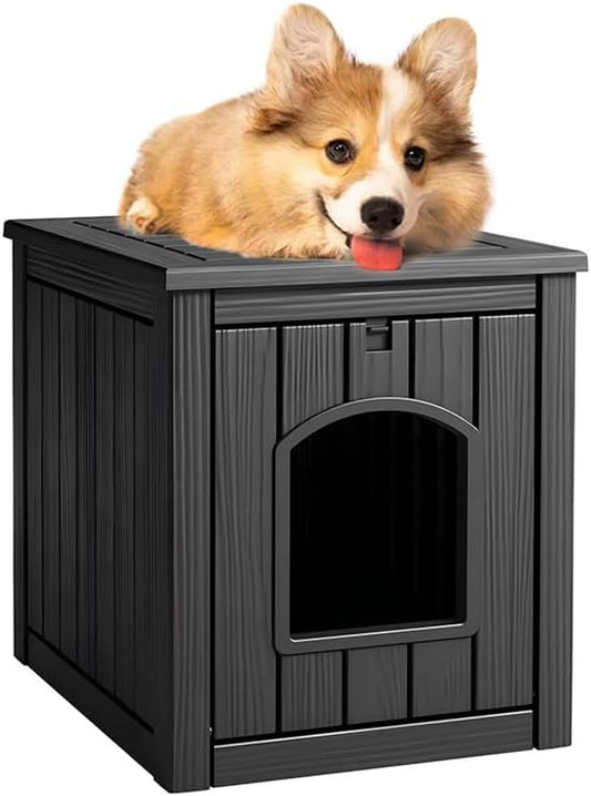 ROJIK Dog House Outdoor Waterproof,Resin Puppy Shelter Indoor with Flip Lid and Elevated Floor,Cat Duck Chicken Shelter, Portable and Easy Assembly(Black)
