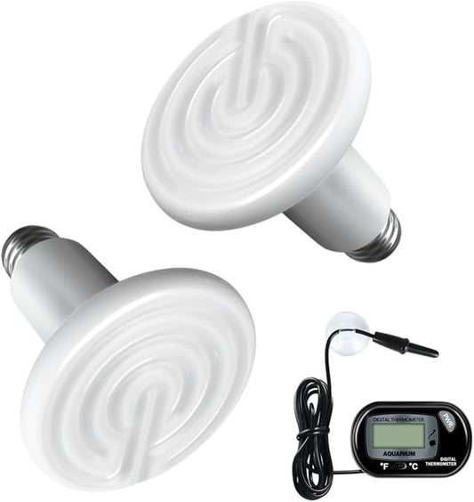 Simple Deluxe 100W 2-Pack Ceramic Heat Lamp Reptile Heat Emitter Heater Lamp Bulb No Light with Free Digital-Thermometer, for Pet Brooder Coop Chicken, Turtle Lizard Snake Aquarium Tank, White