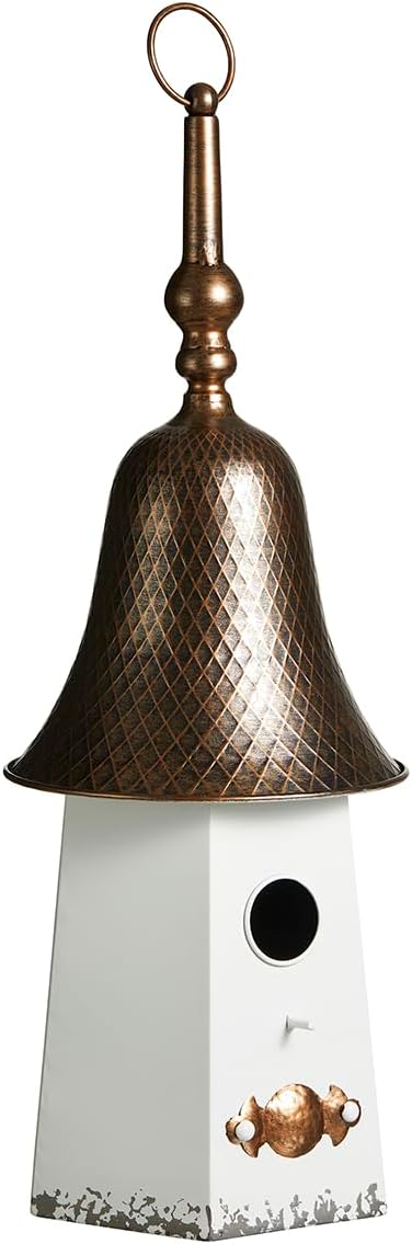 Glitzhome 24" H Metal Hanging Birdhouse for Outdoors, Farmhouse Pagoda Painted Decorative Bird House with Bell Roof for Bluebird Wren Chickadee Sparrow Bird Nest Box for Garden Patio, Washed White
