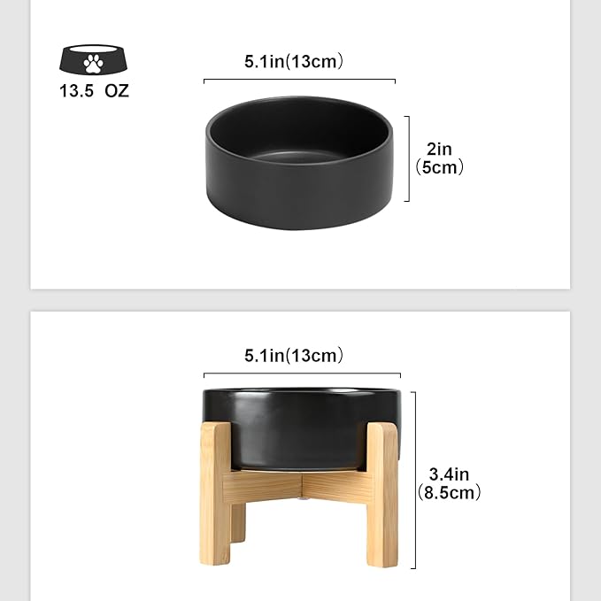 SPUNKYJUNKY Ceramic Elevated Dog Bowls 2 Pack - 5.1inch Raised Dog Bowls with Non-Slip Wooden Stand for Small Dogs Dishwasher Safe(Black,13.5OZ*2)