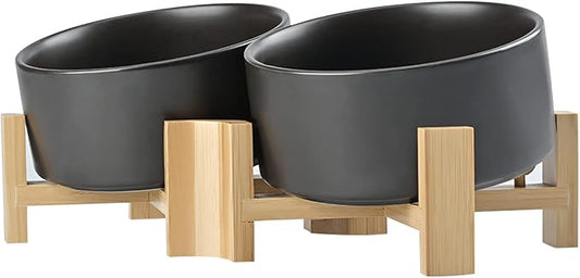 SPUNKYJUNKY 15° Slanted Ceramic Dog and Cat Bowl with Wooden Stand, Tilted Bulldog Food and Water Bowl No Slip Non-Spill for Cats Medium Dogs Big Face Pets 28.7 OZ (3.6 Cups, Black × 2)
