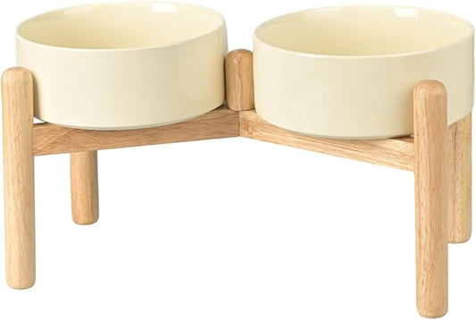 SPUNKYJUNKY Ceramics Elevated Dog Bowls with Wooden Stand - Raised Double 60OZ Cream White Bowls for Medium Large Dogs