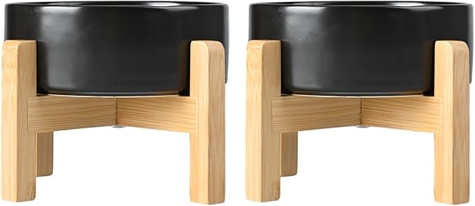 SPUNKYJUNKY Ceramic Elevated Dog Bowls 2 Pack - 5.1inch Raised Dog Bowls with Non-Slip Wooden Stand for Small Dogs Dishwasher Safe(Black,13.5OZ*2)