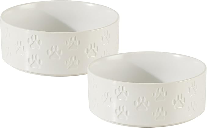 Ceramic Dog Bowl Set with Anti-Slip Rings for Medium Breed Dogs, 7.3" Food and Water Bowls, Pet Dishes for Medium-Sized Dogs (Double Bowls - White, 7.3 inch)