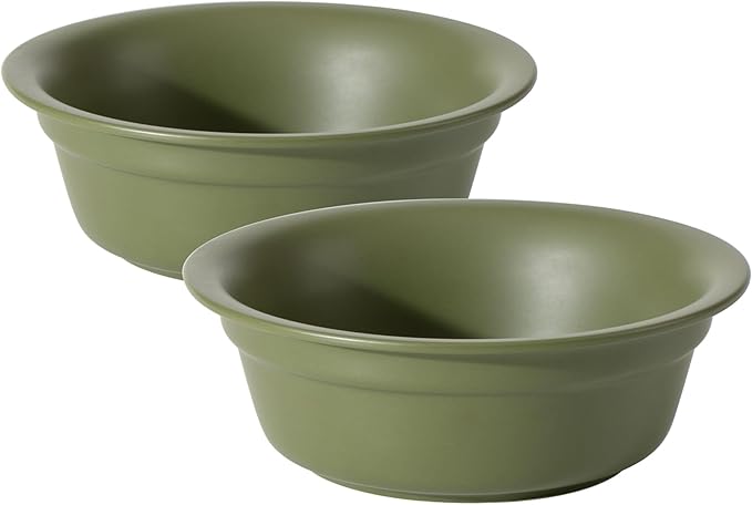 Ceramic 7.1inch Set of 2 Dog Bowls for Medium and Large Dogs, 2pcs Basic Food and Water Dishes for Replacement, Wide Opening Rounded Edge(2 Bowls, Olive Green)