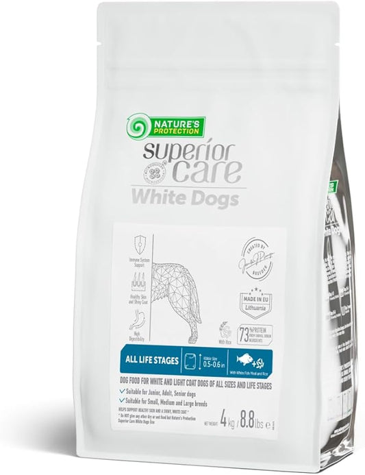 Nature's Protection Superior Care White Dogs Rice Based Dry Dog Food - High Protein, Tear Stain Dog Food for All Breeds Light Coated All Life Stages Dogs, Fresh Pet Meal, White Fish, 8.8 lb