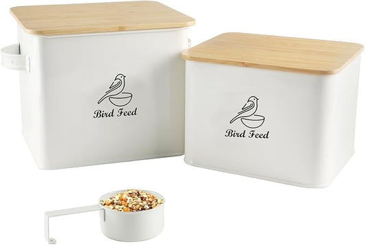 Airtight Bird Seed Storage Container Set of 2, 10LB Metal Bird Food Container with Bamboo Lids,Wild Bird Seed Tin for Storing Sunflower Seed-Squirrel proof -White