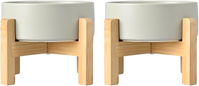 SPUNKYJUNKY Ceramic Elevated Dog Bowls 2 Pack - 5.1inch Raised Dog Bowls with Non-Slip Wooden Stand for Small Dogs Dishwasher Safe(Grey,13.5OZ*2)