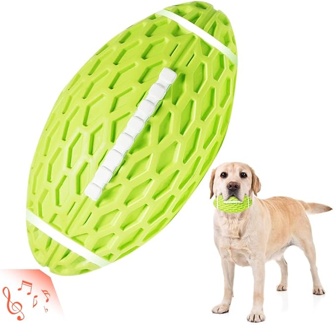 AUSCAT Squeaky Dog Football Toy for Aggressive Chewers, Tough Rubber Dog Ball for Medium Large Dogs, Green, Large, 5.5"