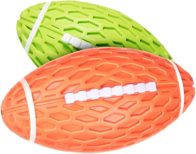 AUSCAT 2PCS Squeaky Dog Football Toy for Aggressive Chewers, Tough Rubber Dog Ball for Medium Large Dogs, Green and Orange, Large, 5.5"