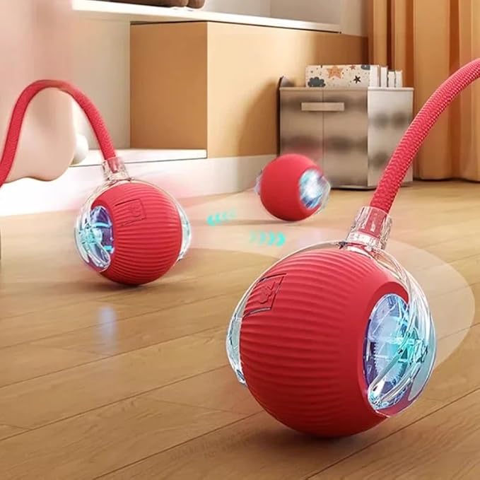 Interactive Rolling Cat Ball Toy [RED], LED Lights, for Indoor Adult Cats, Rechargeable, Smart Automatic Pet Ball, Speedy Tail/Rope, Fast on Carpet, Only for Active Cats