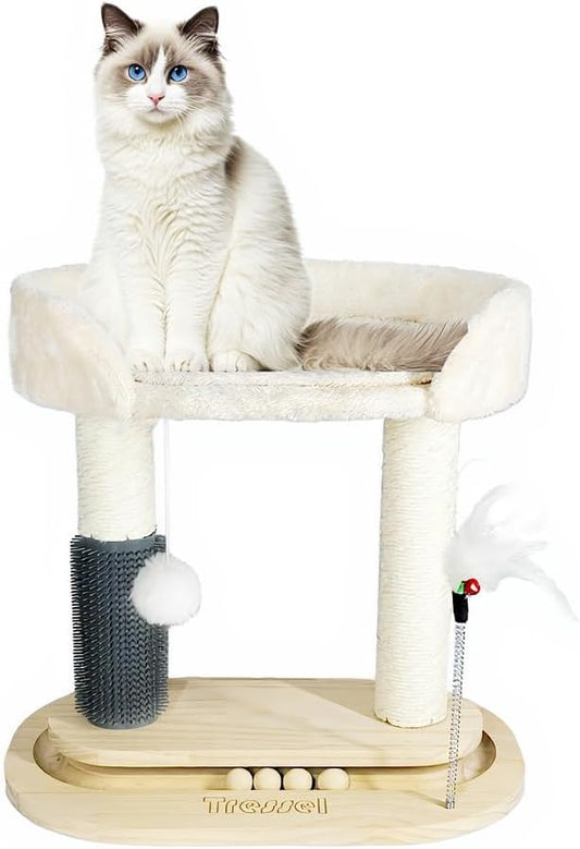 Small Cat Tree Tower, Cat Scratching Post 6-in-1 Cat Tree with Self Groomer Brush, Natural Sisal Scratcher Cute Kitten Climbing Tower with Bed, Hanging & Track Toy for Indoor, Beige