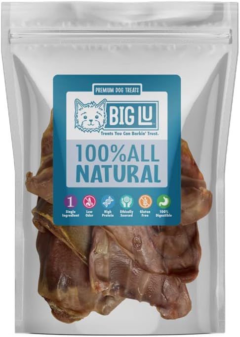 Big Lu – Pig Ear Dog Chews, 12 Count, All-Natural Single-Ingredient Pork Treats, Easily Digestible, Supports Joint Health with Glucosamine and Chondroitin