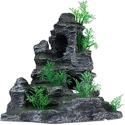 AnRui Aquarium Mountain View Rock Landscaping Decorations Fish Tank Resin Rock Hiding Cave Ornaments with Small Plant