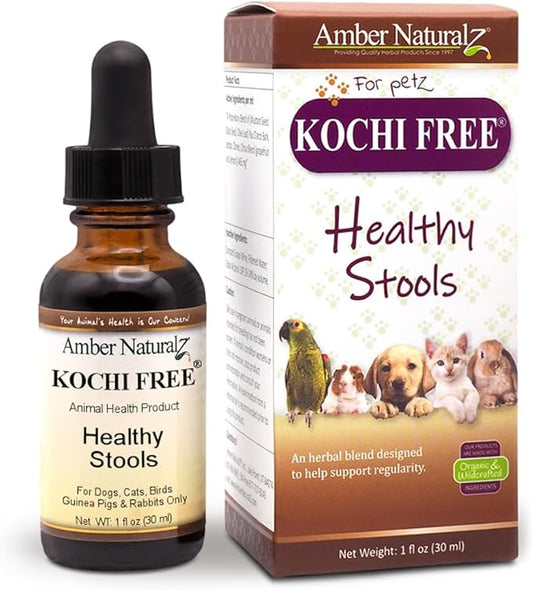 Amber NaturalZ Kochi Free Herbal Supplement for Dogs, Cats, Birds, Guinea Pigs, and Rabbits | Pet Herbal Supplement for Healthy Stool Support | 1 Fluid Ounce Glass Bottle | Manufactured in The USA