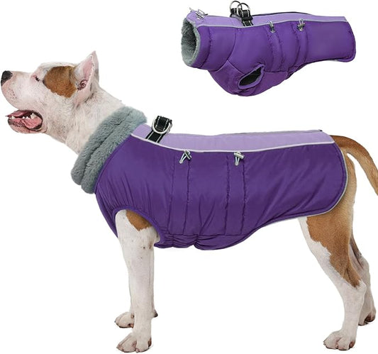 IDOMIK Warm Dog Coat with Harness Built-in, Thick Fleece Dog Winter Jacket with High Collar&Zipper, Waterproof Reflective Dogs Cold Weather Coats for Large Dogs, Pet Snow Jacket Vest(Purple,XL)