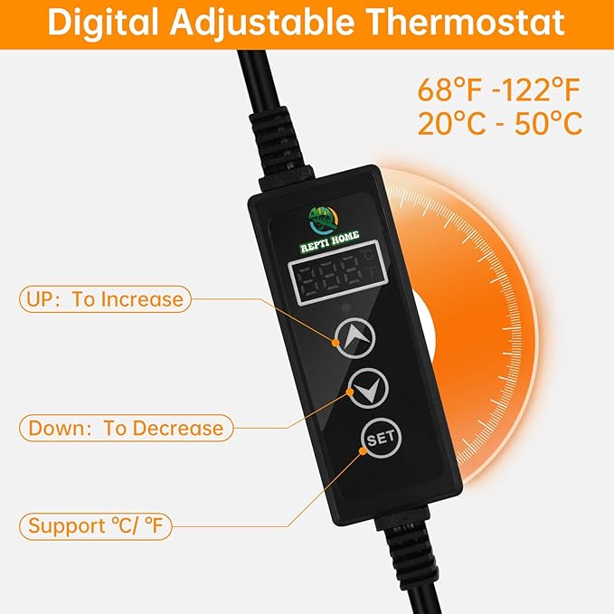 Reptile Heat Pad with Digital Thermostat, Under Tank Terrrarium Heat Mat 24W 8 * 18 Inch, Temperature Controller Heating Pad for Reptile, Turtles, Lizards, Snake, Hermit Crab, Frogs