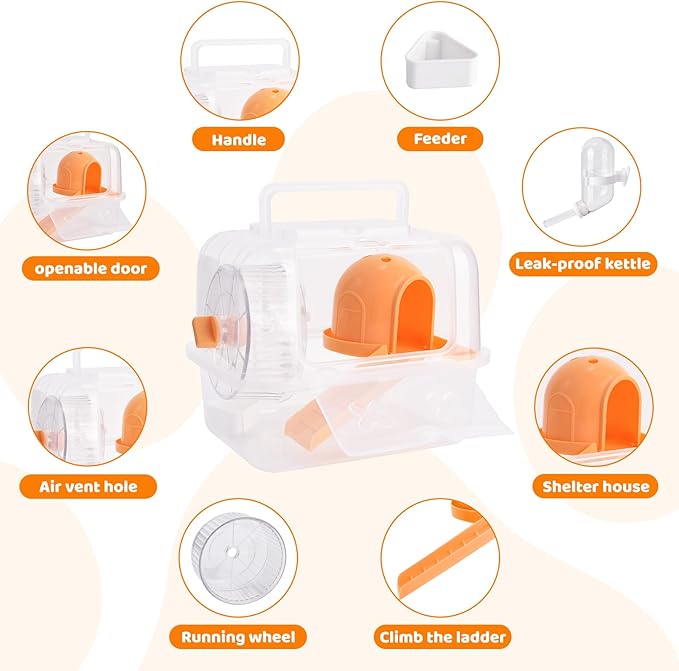 Portable Hamster Travel Carrier Cage,Outdoor Small Pets Breathable Cage,Multifunctional Guinea Pig Carrier with Water Bottles, Running Wheels, Ladders, Dodge Houses and Feeders (Orange, Style B)
