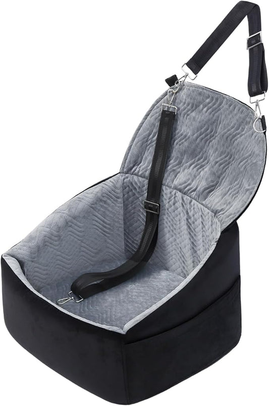 Dog Car Seat for Small Dogs, Pet Booster Seat with Extendable Backrest, Pet Car Seats up to 30 lbs, Washable Removable Cover Travel Bed with Storage Pockets and 2 Safety Leashes, Black&Grey