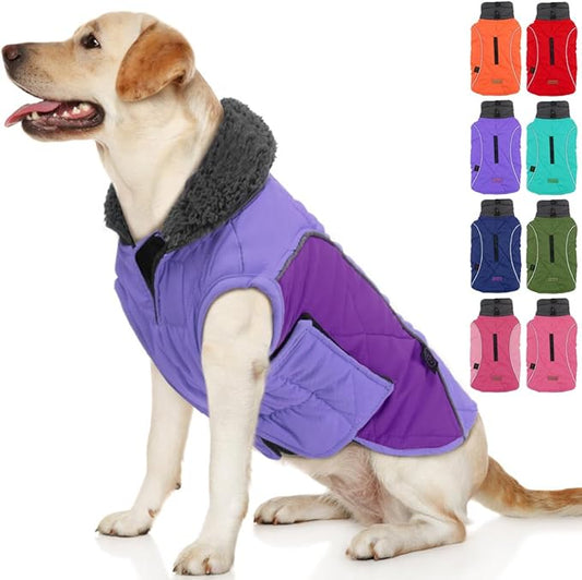 EMUST Dog Winter Coats, Windproof Dog Jackets for Cold Weather with Lofty Collar, Reflective Puppy Clothes for Small Pet Clothes for Dogs, Mix-Purple, S