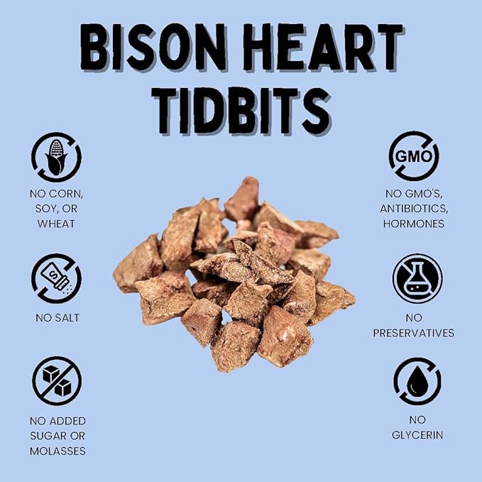 Freeze Dried Bison Heart Tidbits - Single Ingredient, Human-Grade, No Artificial Flavors or Fillers, Perfect for Training (Pack of 2)