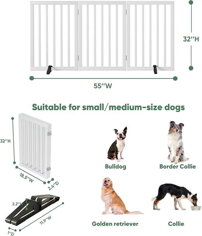 Dog Gates for Doorways, Tall Dog Gate Indoor, Foldable Pet Gates for Doorways Bedroom, Freestanding Puppy Gate with Metal Support Feet, Room Divider 3 Panels (White)