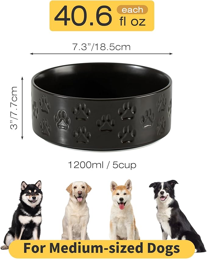 Ceramic Dog Bowl Set with Anti-Slip Rings for Medium Breed Dogs, 7.3" Food and Water Bowls, Pet Dishes for Medium-Sized Dogs (Double Bowls - Black, 7.3 inch)