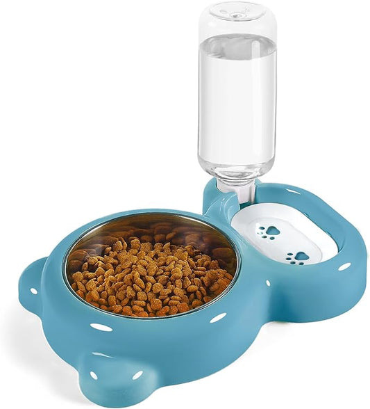 Dog Bowls, Cat Food and Water Bowl Set with Water Dispenser and Stainless Steel Bowl for Cats and Small Dogs - Blue