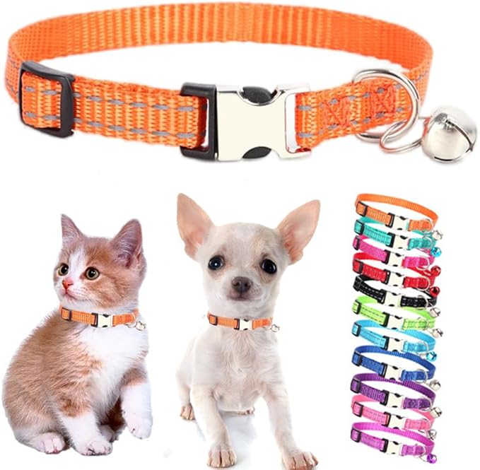 Orange XS Dog Collar with Bell, Reflective Nylon XSmall Cat Collars Soft Adjustable Buckle for XXS Small Puppy Female Tiny Pets Dogs Girl Kitten Yorkie Chihuahua X-Small