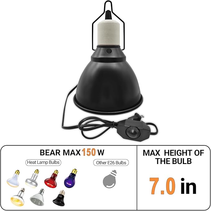 7 Inch Deep Dome Reptile Lamp Bulb Fixture with 3 Kinds Switch - Ideal for 50W/75W/100W/150W Heat Lamp Bulbs, E26 Compatible with UVA/UVB/Basking Heat Bulbs, Supports Up to 150 watts
