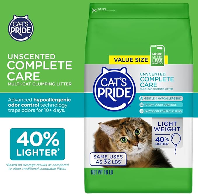 Cat's Pride Premium Lightweight Clumping Litter: Complete Care - Up to 10 Days of Powerful Odor Control - Hypoallergenic - Multi-Cat, Unscented, 18 Pounds