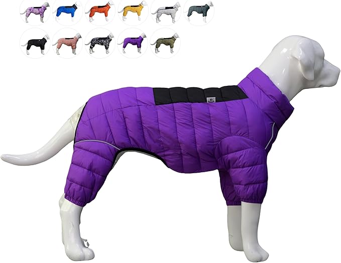 Dog Jacket 4-Leg Cover, Waterproof Windproof Reflective Warm Vest for Indoor/Outdoor, Adjustable Zippered, Medium Large Dogs, Purple