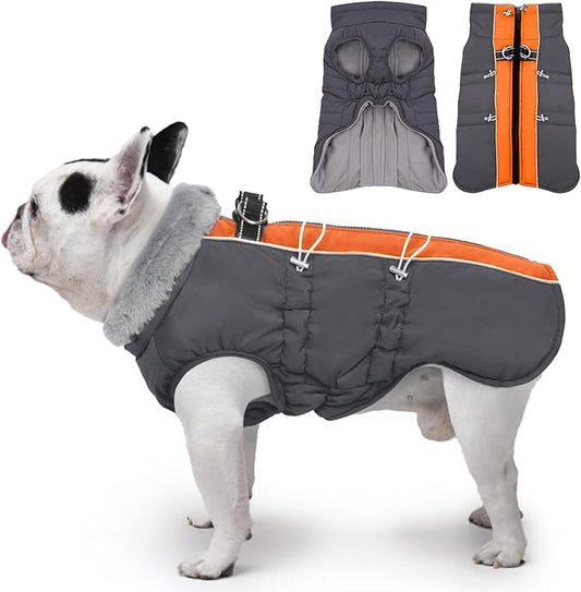 Dog Coat - Large Dog Winter Jacket, Warm Zip Up Snowsuit, Reflective, Water-Resistant, Orange-Gray