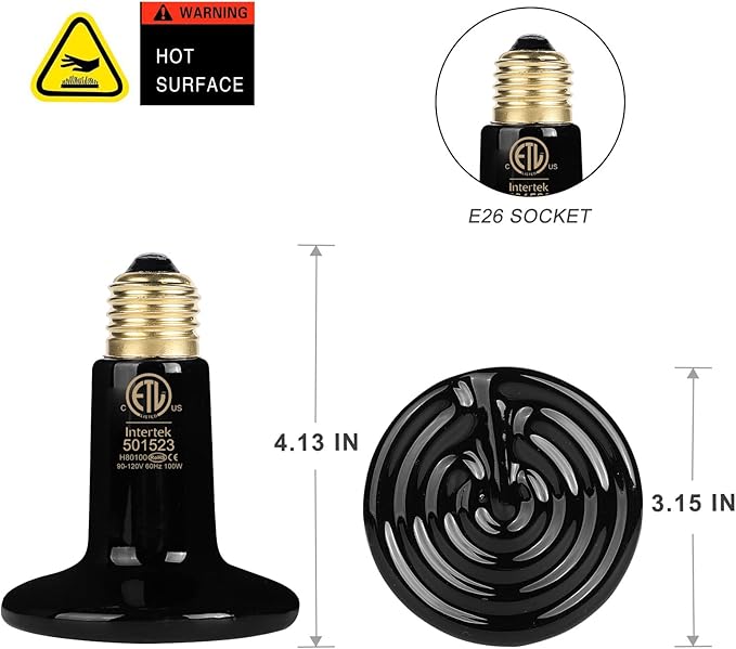 WUHOSTAM 3 Pack 100W Black Reptile Heat Lamp, Infrared Ceramic Emitter Bulb for Pet Coop Heater, Lizard, Turtle, Snake, Aquarium, No Harm No Light, ETL Listed