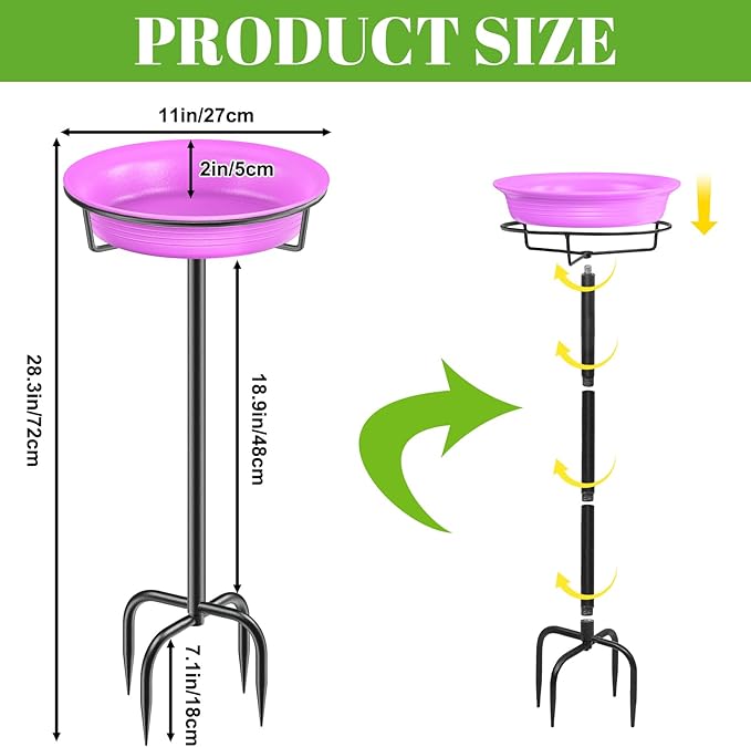 28In Freestanding Birdbaths Bowl Outdoor, Standing Garden Bird Bath Bird Feeder Bowl with Metal Stake, Detachable Decoration Spa Birdfeeder for Garden Patio Yard Lawn, 4 Spiky Feet (Purple)