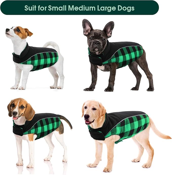 Kuoser Dog Winter Coat, Reversible Waterproof Dog Jacket with Reflective Strip, Warm Dogs Fleece Vest Adjustable Doggy Cold Weather Clothes Plaid Christmas Outfit Pet Apparel for Large Dogs, Green L
