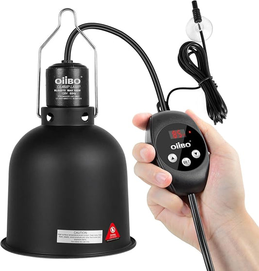 Oiibo Reptile Light Fixture with Dimming Thermostat, 5.5 Inch Deep Dome Lamp Fixture, PID Temperature Controller for Reptile Heat Lamp Bulb, Max 100W