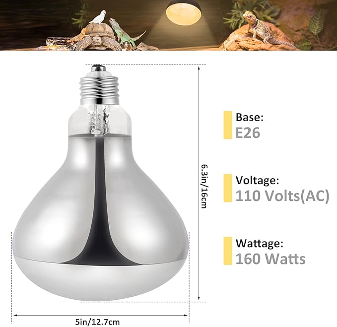 UVA UVB Reptile Light 160W Heat Lamp Bulb, Bearded Dragon Basking Spot Full Spectrum Self-Ballasted Mercury Vapor Bulb for Reptiles and Amphibian